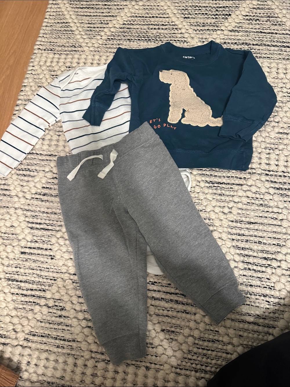 Carter's Navy Dog Appliqué Sweatshirt with Gray Joggers and Striped Tee